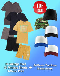 Thumbnail for 24 1-Color Print Vintage T-Shirt & Short Sets (Unisex) + 24 Embroidered Foam Truckers - Constantly Create Shop