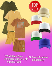 Thumbnail for 72 1-Color Print Vintage T-Shirt & Short Sets (Unisex) + 72 Embroidered Foam Truckers - Constantly Create Shop