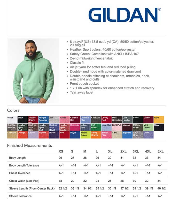 Heavy Blend Hoodie Gildan 88500 Size Chart Gildan Heavy Blend Hooded Sweatshirt