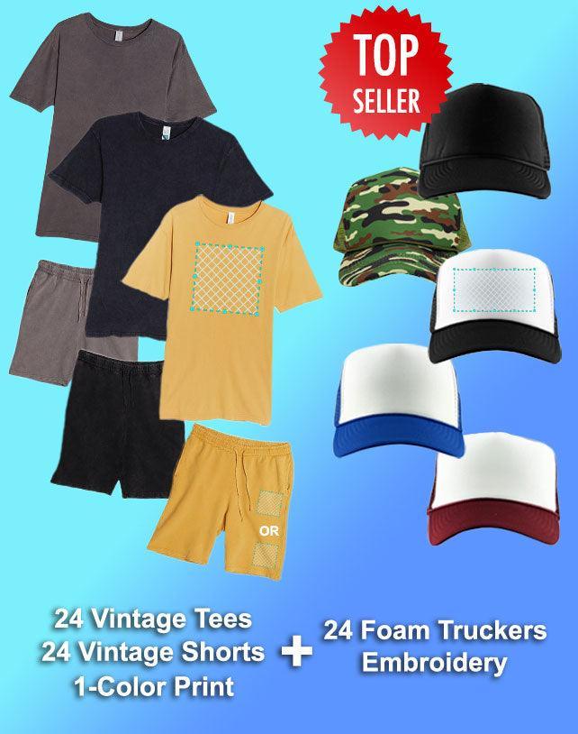 24 1-Color Print Vintage T-Shirt & Short Sets (Unisex) + 24 Embroidered Foam Truckers - Constantly Create Shop
