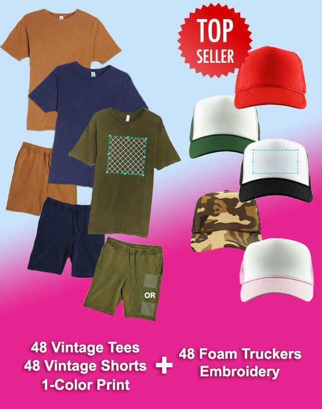 48 1-Color Print Vintage T-Shirt & Short Sets (Unisex) + 48 Embroidered Foam Truckers - Constantly Create Shop