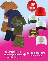 Thumbnail for 48 1-Color Print Vintage T-Shirt & Short Sets (Unisex) + 48 Embroidered Foam Truckers - Constantly Create Shop
