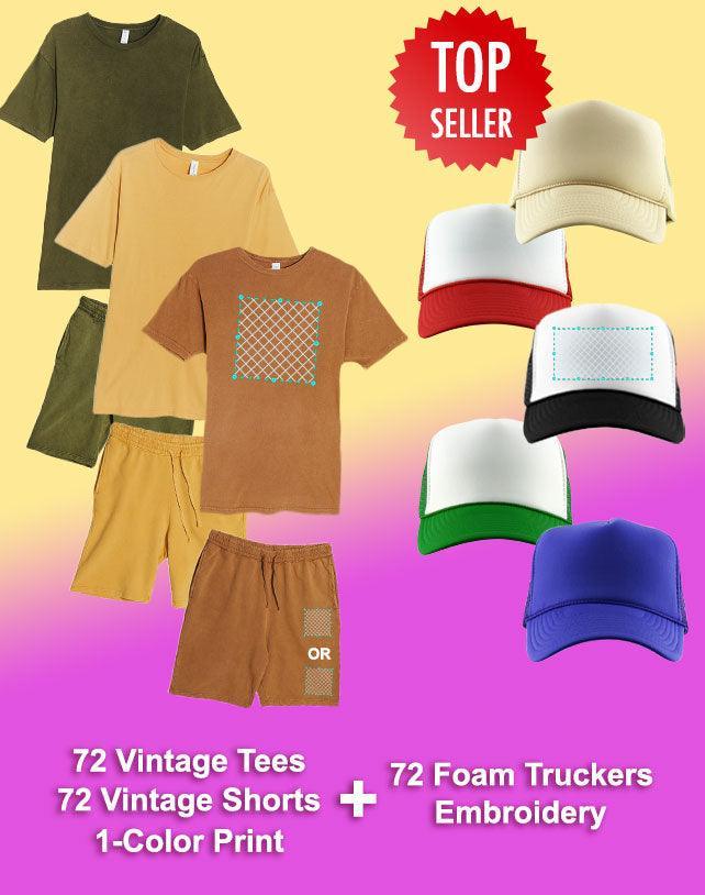 72 1-Color Print Vintage T-Shirt & Short Sets (Unisex) + 72 Embroidered Foam Truckers - Constantly Create Shop